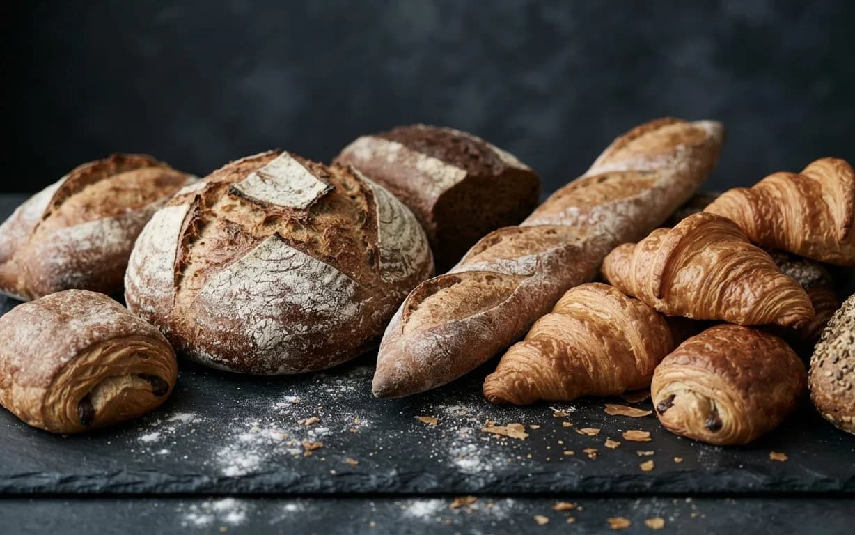 Fresh breads and croissants dusted with flour