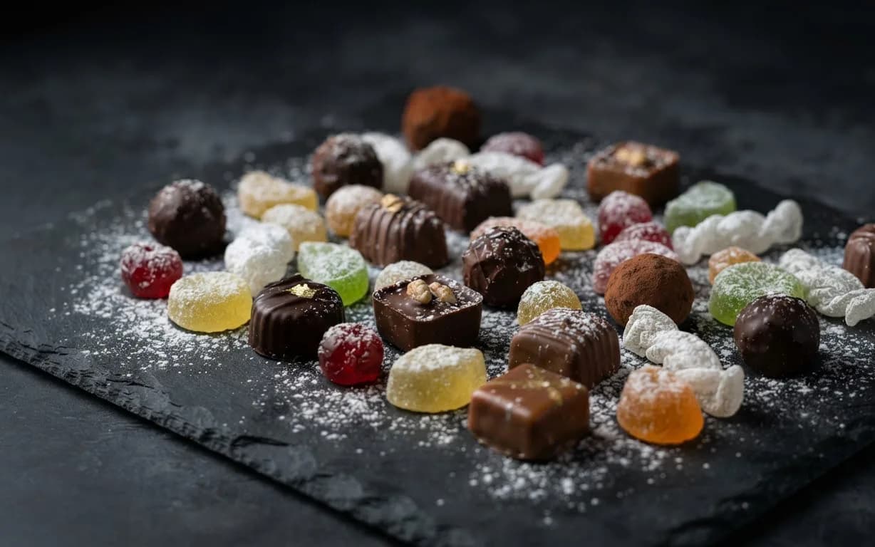 Assorted confectionery dusted with icing sugar