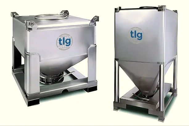 TLG stainless IBC bins — contained transfer, no product loss