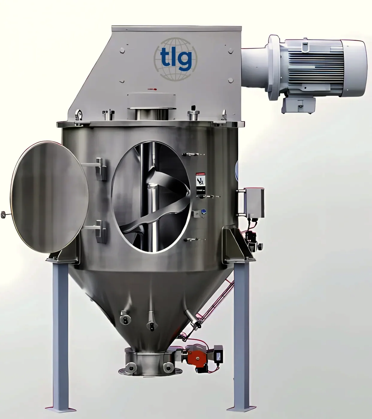 A TLG stainless powder mixer with the door open, showing the paddle shaft and conical discharge