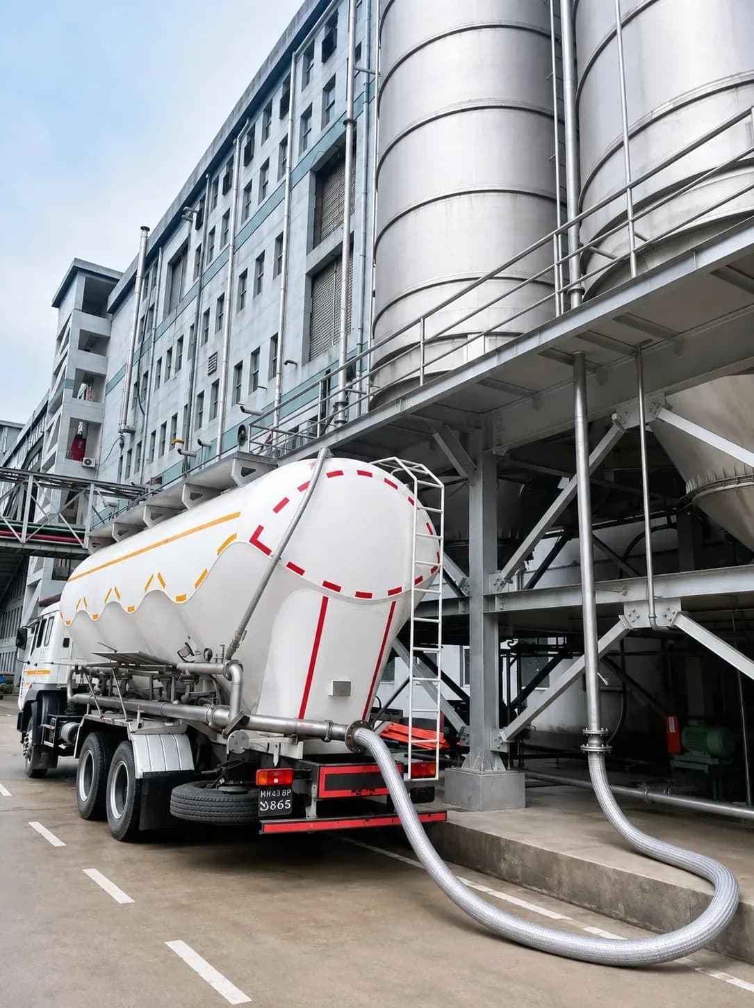 A powder road tanker connected to TLG silos, discharging through a flexible hose